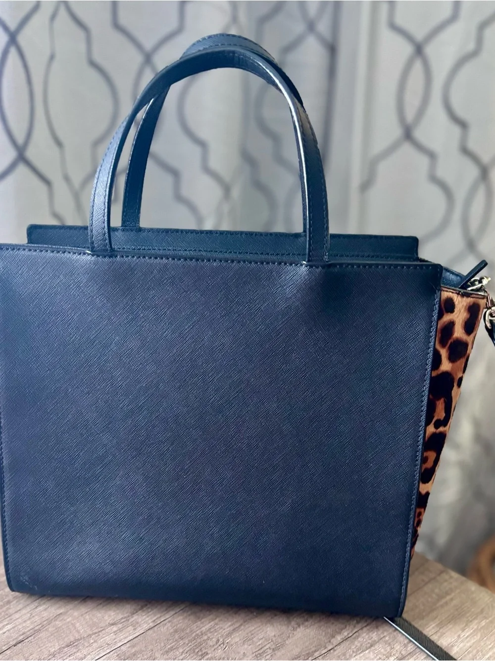 Kate Spade Run Wild Hayden cat face leopard print calf hair Tote with crossbody